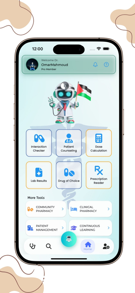 MediHelp: Drug Guide & Dosing - Home screen of the MediHelp app displaying clinical tools including dose calculation and drug interaction checker