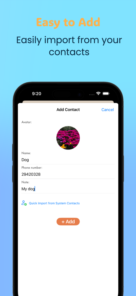 Interface for adding and importing private contacts into the Quick Hide app