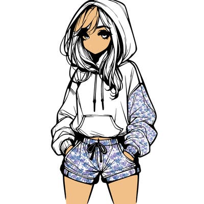 realistic girl in shorts and hoodie