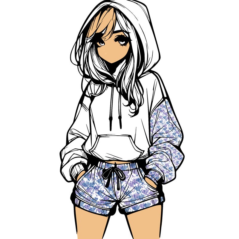 realistic girl in shorts and hoodie