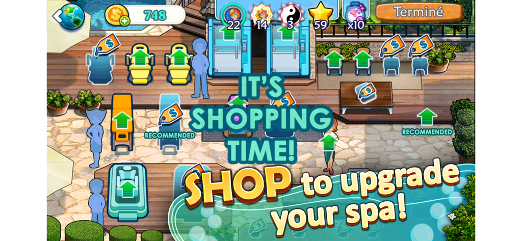 A screenshot of Sally's Spa game showing the upgrade shop screen with various beauty salon equipment and the text it's shopping time.