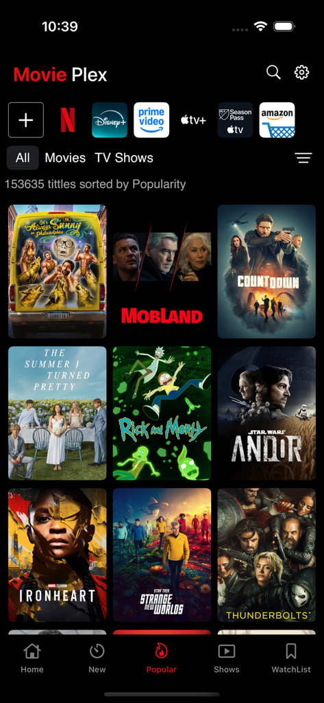 Movie Plex app home screen displaying a grid of trending movies and TV shows with streaming service shortcuts