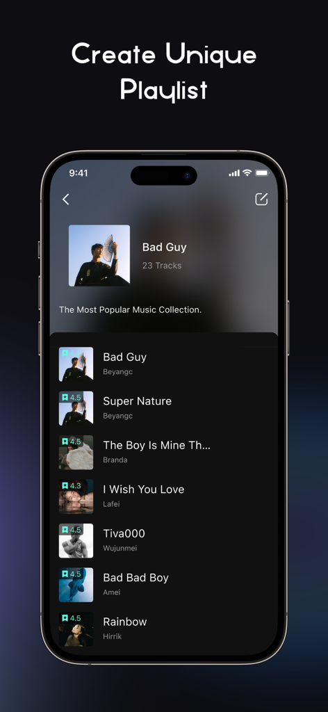 RaMusi app interface showing a custom music playlist with song ratings and artist names