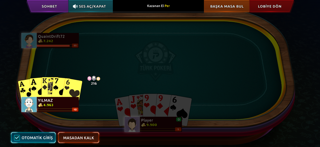 Turk Pokeri - Jeu en ligne de Turk Pokeri montrant des joueurs et des cartes sur une table numérique