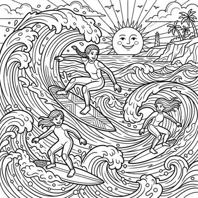 Experience the thrill of the ocean with this vibrant coloring page featuring dynamic female surfers. Its clear outlines and engaging scene make it perfect for seniors seeking a relaxing yet stimulating artistic activity.