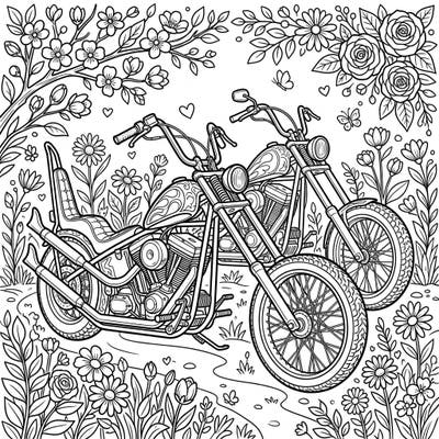 Discover the thrill of the open road blended with the beauty of nature in this unique coloring page featuring two impressive chopper motorcycles. Surrounded by vibrant spring blossoms, it's a perfect blend for enthusiasts of both machines and the season of renewal.