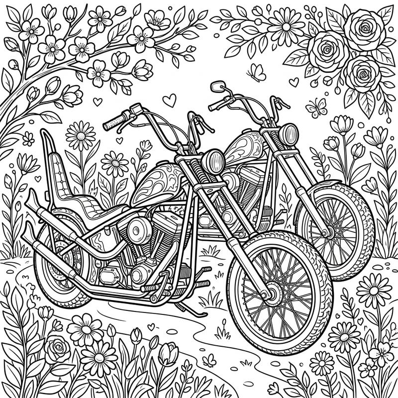 Discover the thrill of the open road blended with the beauty of nature in this unique coloring page featuring two impressive chopper motorcycles. Surrounded by vibrant spring blossoms, it's a perfect blend for enthusiasts of both machines and the season of renewal.