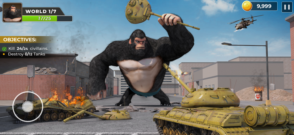 Ein riesiger Gorilla zerstört Militärpanzer und Gebäude in einer Stadtstraße.