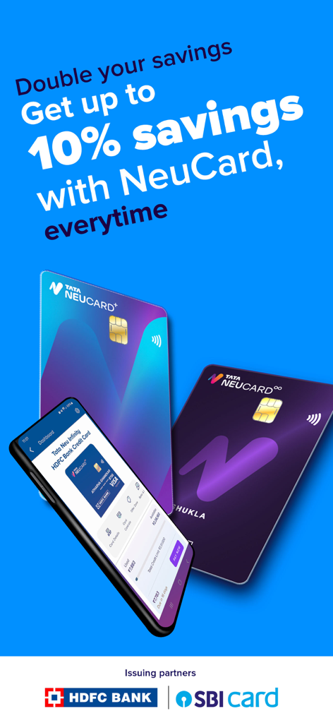 Tata Neu:Shop, Travel, Finance - Tata Neuクレジットカードのプロモーション。HDFCおよびSBIカードで10%の割引が表示されます。