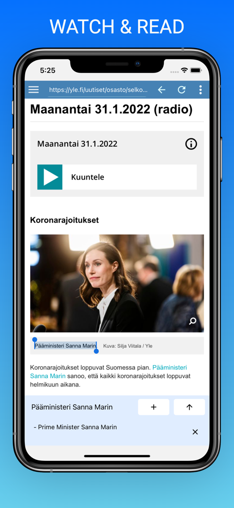 ReadLang WatchLang - ReadLang WatchLang interface showing an in-app browser with a translated news article.