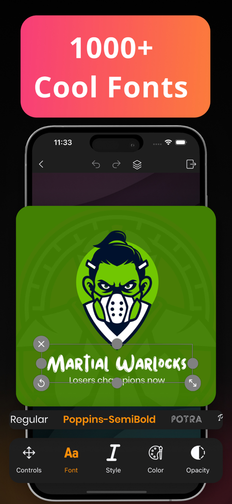 Logo Maker · Ai Flyer Maker - Evolvo app interface showing font selection for a gaming mascot logo