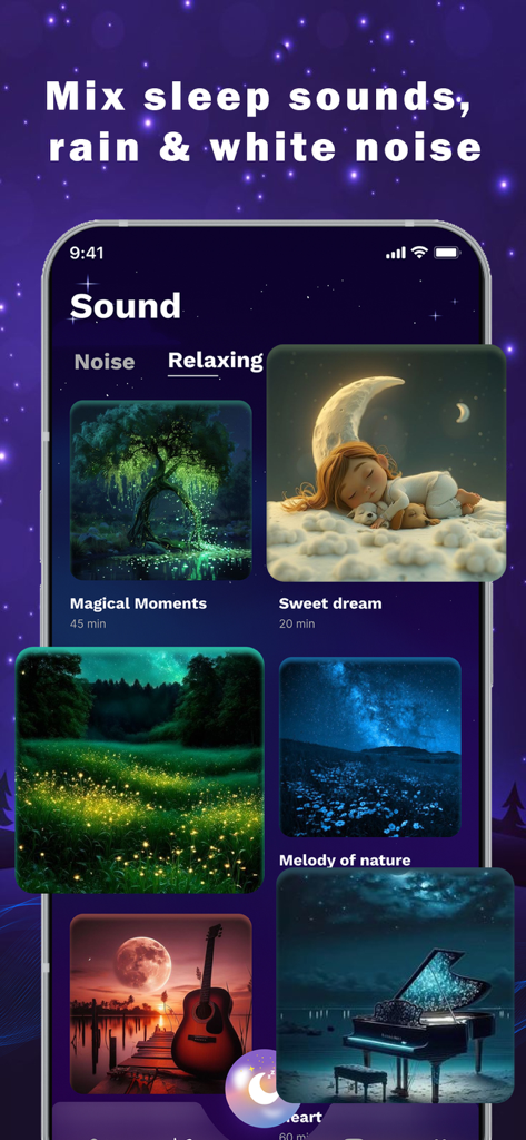 SleepWell app interface displaying a selection of relaxing sleep sounds and ambient music options