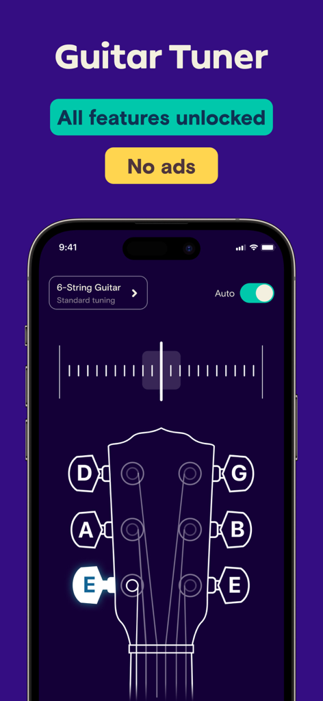 Guitar Tuner - Simply Tune - Smartphone screen showing the Simply Tune app interface with a guitar headstock and tuning meter