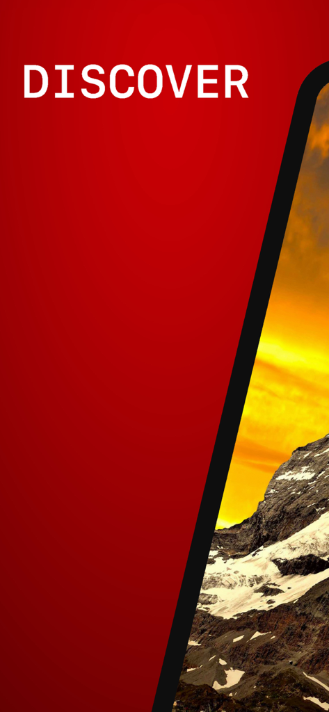 A promotional screen for a Switzerland travel app featuring the text Discover and a majestic view of the Swiss Alps at sunset.