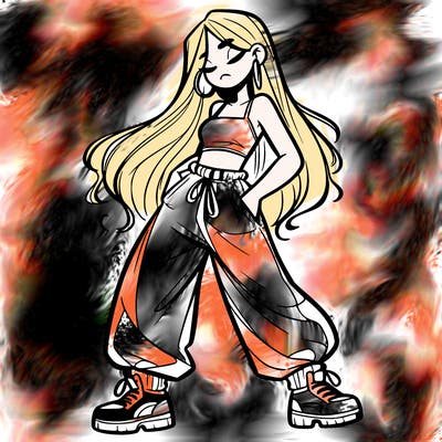 girl in baggy pants crop top and long hair