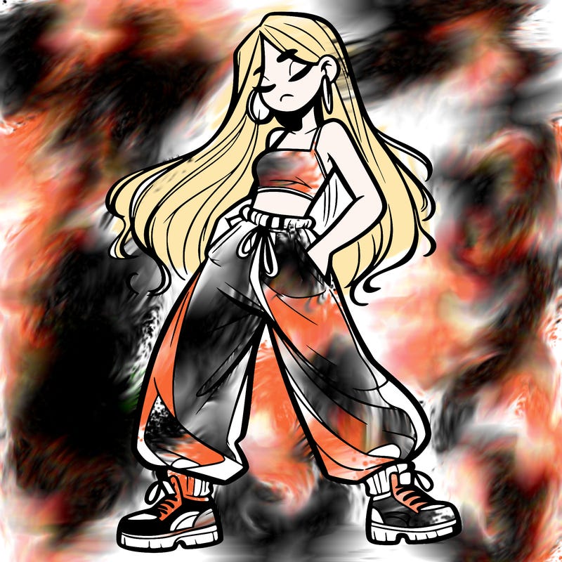 girl in baggy pants crop top and long hair