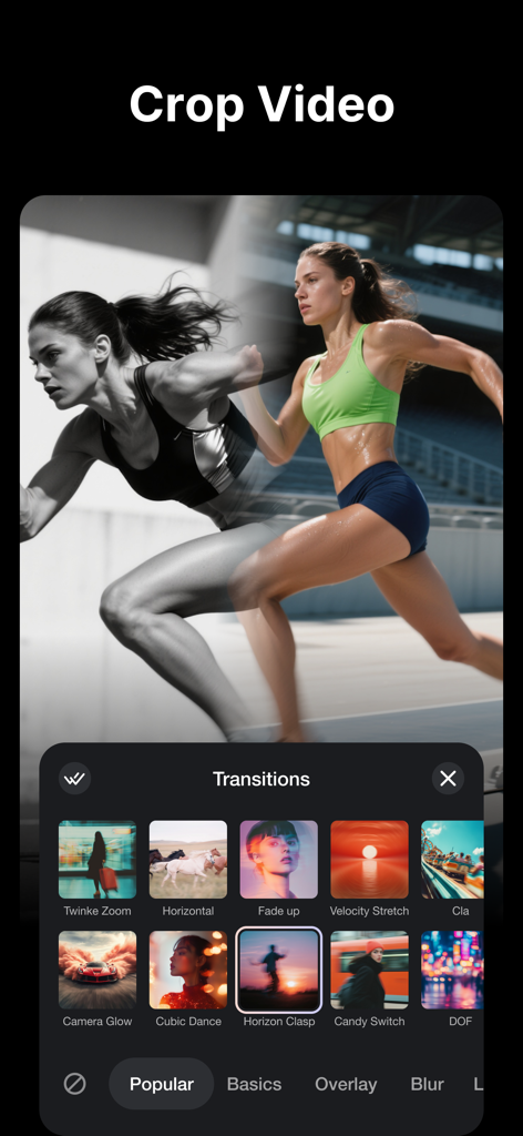 TrimCut - Video Editor - Uma biblioteca de transições de vídeo cinematográficas na interface do aplicativo TrimCut para criadores de mídia social.
