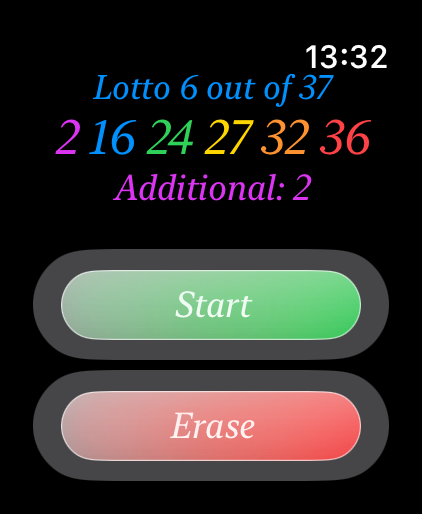 AB IsraLotto - Apple Watch의 AB 이스라엘 로또 애플리케이션 인터페이스, 로또 번호 표시