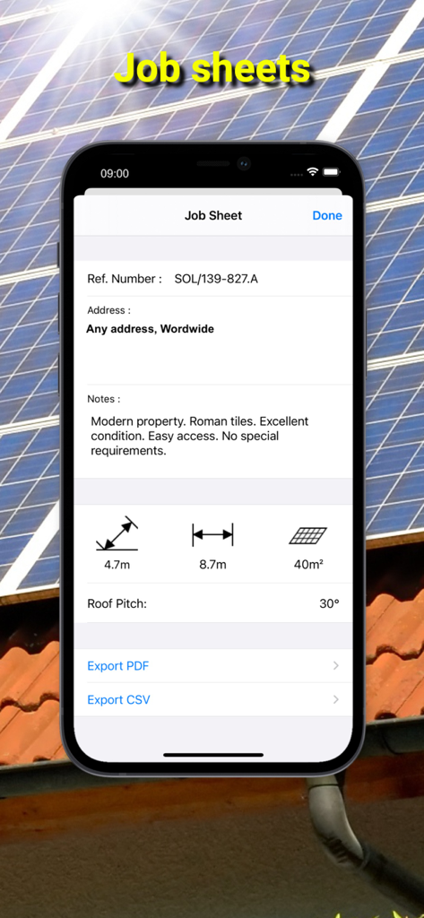 RoofSnoop - RoofSnoop mobile app job sheet displaying roof measurements and solar panel survey data