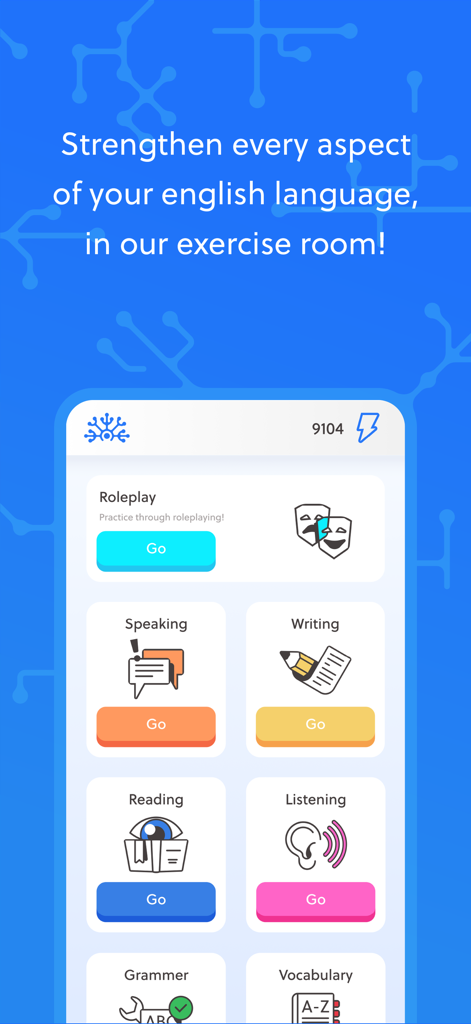 Infercia - Inferciaアプリのエクササイズルーム。スピーキング、ライティング、リーディングなどのさまざまな学習カテゴリが表示されています。