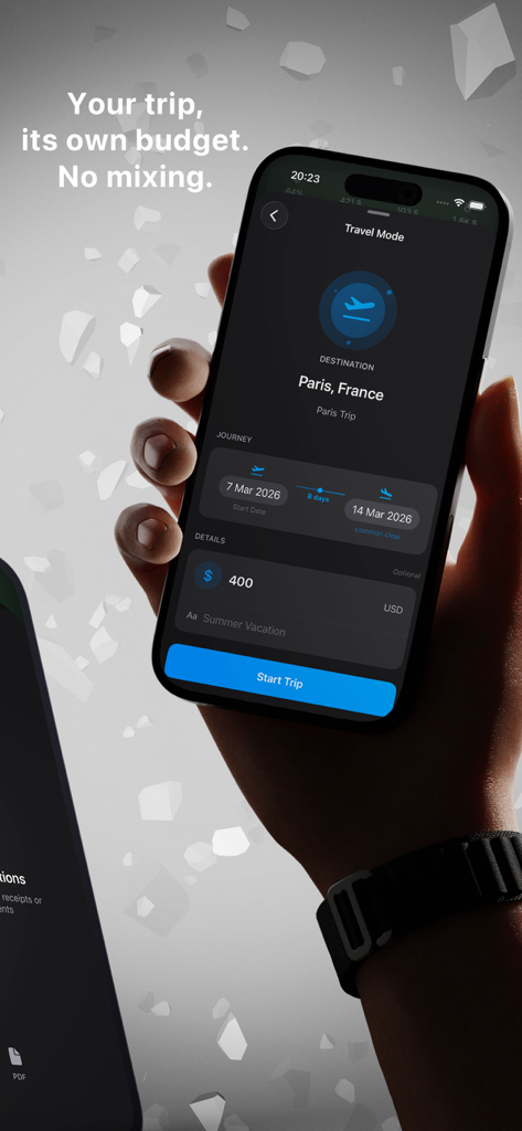 Control - your money - A smartphone screen showing the Travel Mode feature in the Control app for a Paris trip budget