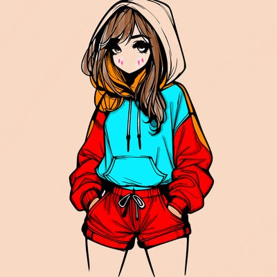 realistic girl in shorts and hoodie