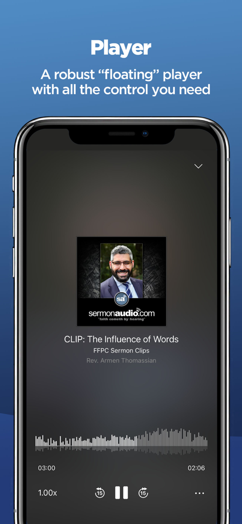 Sermons by SermonAudio - Sermons by SermonAudio app interface showing a floating audio player with playback controls and a waveform visualizer.
