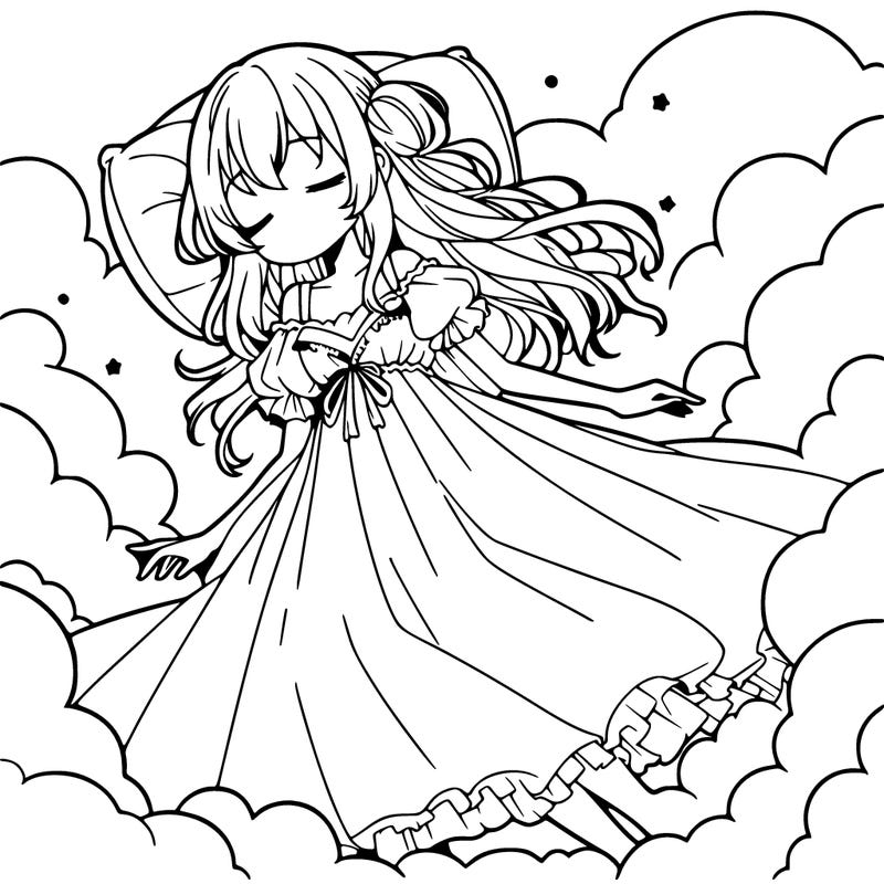 anime girl in long dress falling asleep while falling in  the clouds