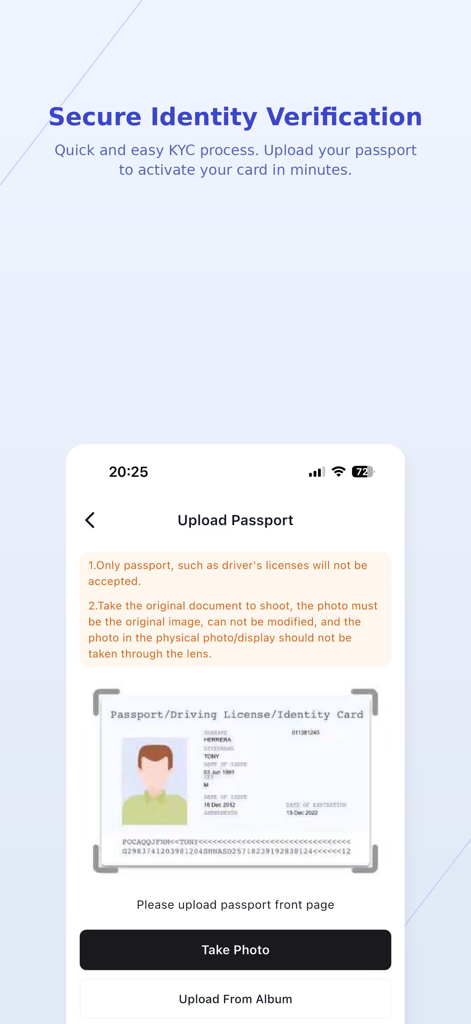 BitFree - BitFreeアプリのインターフェース。KYCのための安全な本人確認とパスポートアップロードプロセスが表示されています。