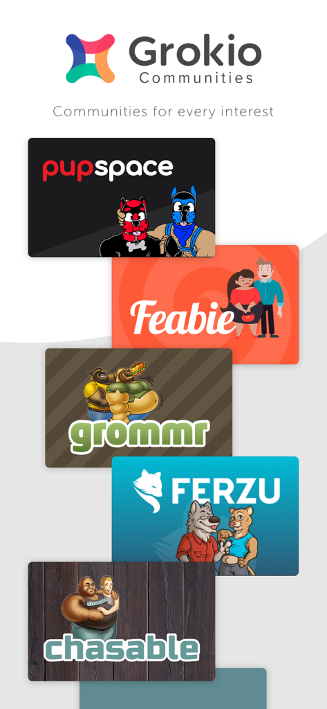 Grokio Communities app splash screen displaying sub-communities including Pupspace, Feabie, Grommr, Ferzu, and Chasable.