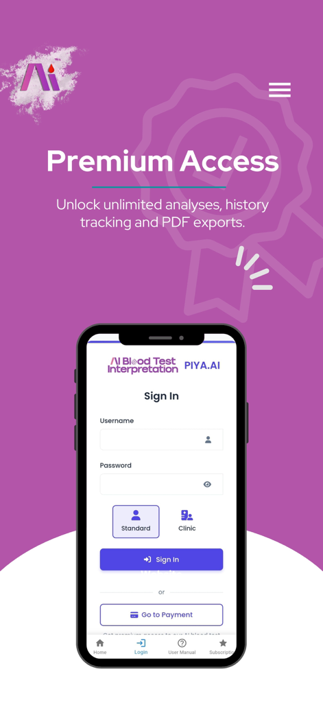 Kantesti – AI Blood Test - Kantesti app interface showing premium access benefits and a sign in screen for AI blood test analysis