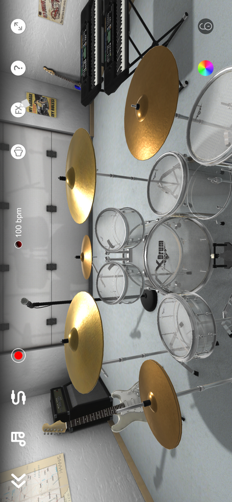 A 3D virtual drum kit with transparent shells and gold cymbals in a garage studio