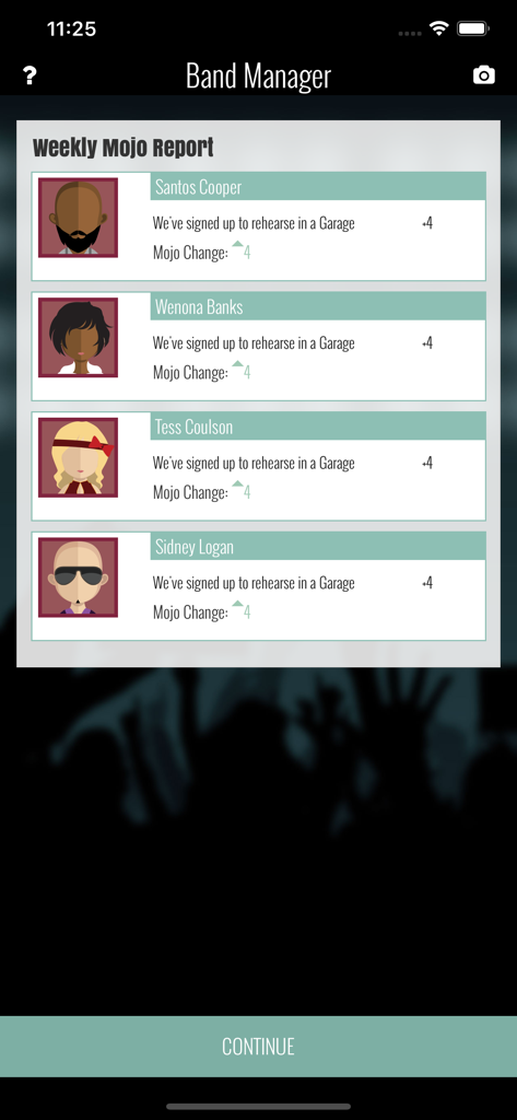 Superstar Band Manager - La pantalla del Informe Semanal de Moral en Superstar Band Manager que muestra las actualizaciones de estado de cuatro miembros de la banda