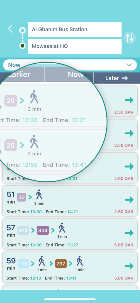 Bus route options and fares in the Karwa Journey Planner app for Qatar public transport
