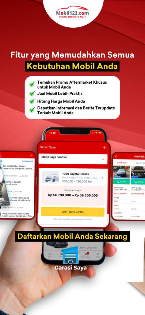 Mobil123.com Mobil baru-bekas - Mobil123 app interface showing the My Garage feature with car valuation and listing options