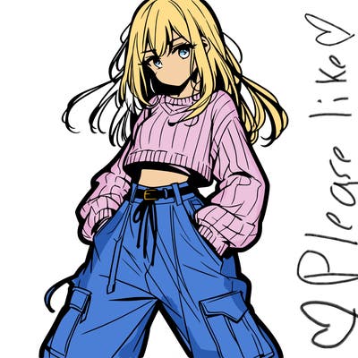 anime teen girl with baggy pants and crop top with sweater