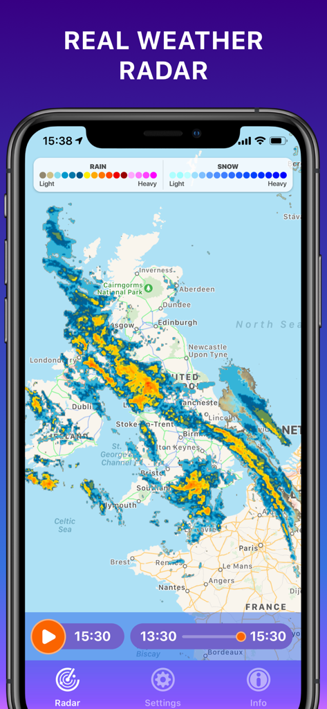 Mobile app screen showing a real time animated rain radar map with colored precipitation zones