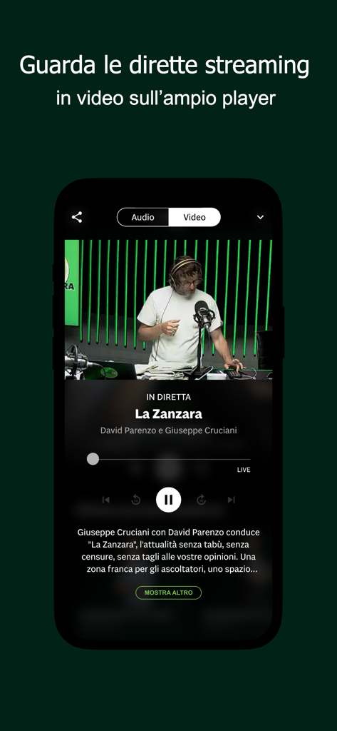 A mobile interface of the Radio 24 app showing a live video stream of a radio talk show.