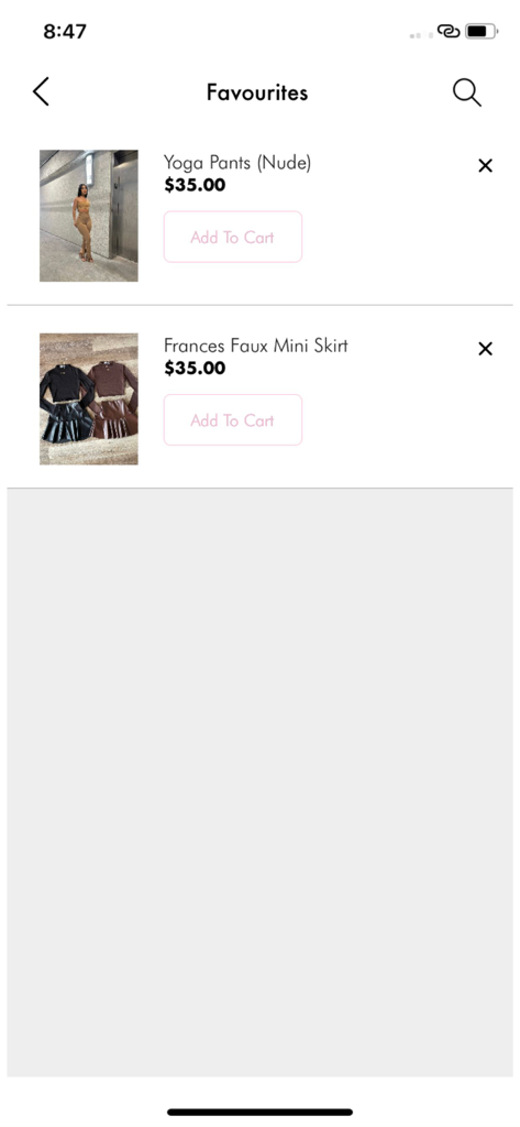 Baddieville - Baddieville app favorites screen showing a list of saved clothing items with prices and add to cart buttons.