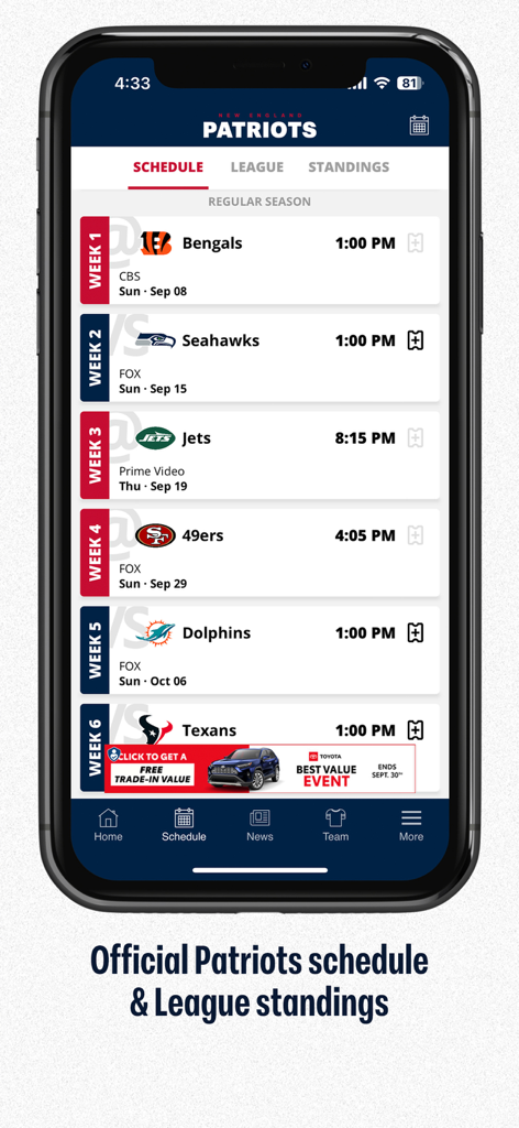 New England Patriots official app screen displaying the regular season game schedule with dates, opponents, and broadcast networks.