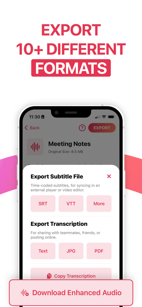 Transcribe Audio Video Voice - Interfaz móvil de la aplicación Transcribe que muestra opciones de exportación para archivos SRT VTT y PDF