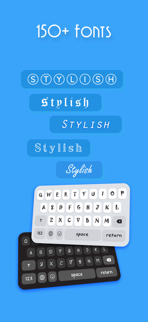 Pré-visualização de vários estilos de fontes decorativas e temas de teclado personalizados no aplicativo Stylish Fonts.