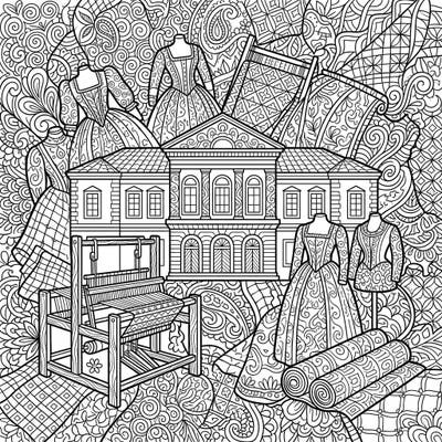 Step into a world of woven wonders with this intricate Zentangle textile museum coloring page. Discover beautifully detailed historical garments, looms, and fabric patterns, all waiting for your creative touch.