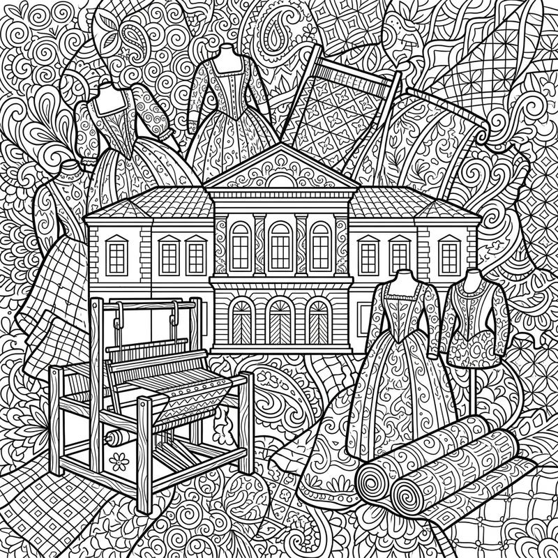 Step into a world of woven wonders with this intricate Zentangle textile museum coloring page. Discover beautifully detailed historical garments, looms, and fabric patterns, all waiting for your creative touch.