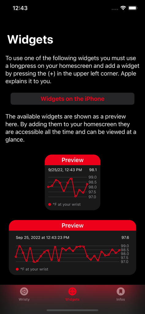 어두운 배경에 손목 온도 그래프가 표시되는 Wristy 앱 위젯 미리 보기
