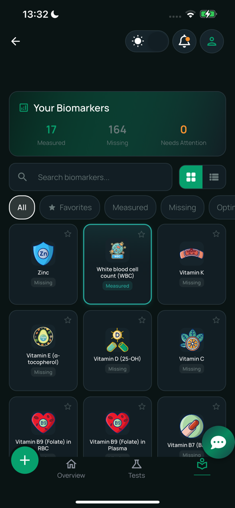 Health3: Blood Work Tracker - A dashboard in the Health3 app showing a grid of various biomarkers including vitamins and white blood cell count for tracking lab results.