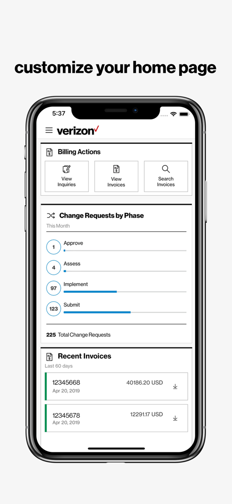 請求アクションと変更リクエストを表示するMy Verizon For Enterpriseアプリのカスタマイズされたホーム画面