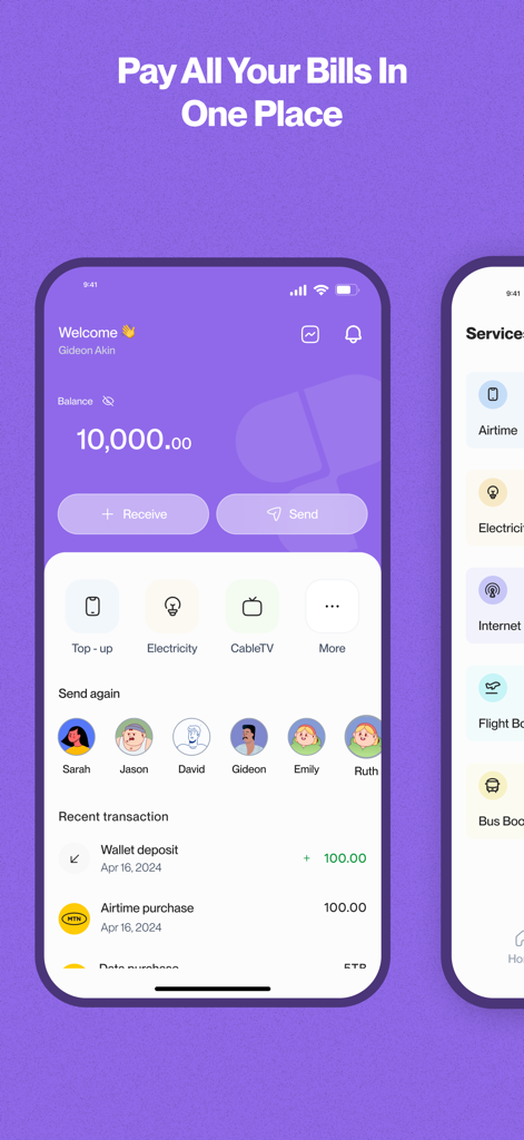 Pokowave Mobile App Dashboard mit Kontostand und Optionen zum Bezahlen von Strom-, Kabel- und Nebenkostenrechnungen