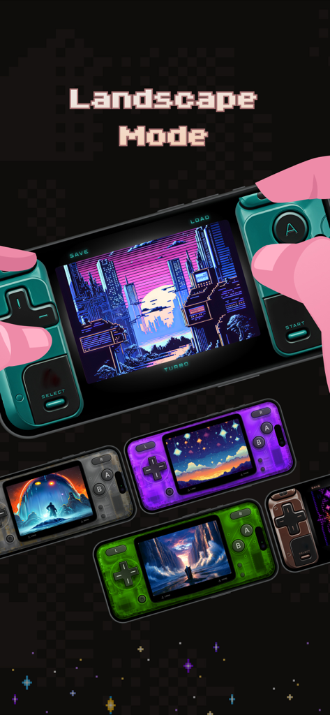 Landscape mode with various colorful retro controller skins on iPhone