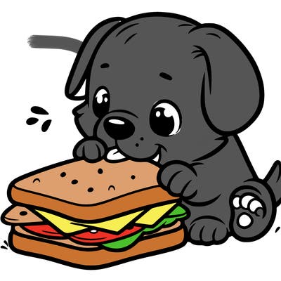 puppy trying to eat a large sandwich